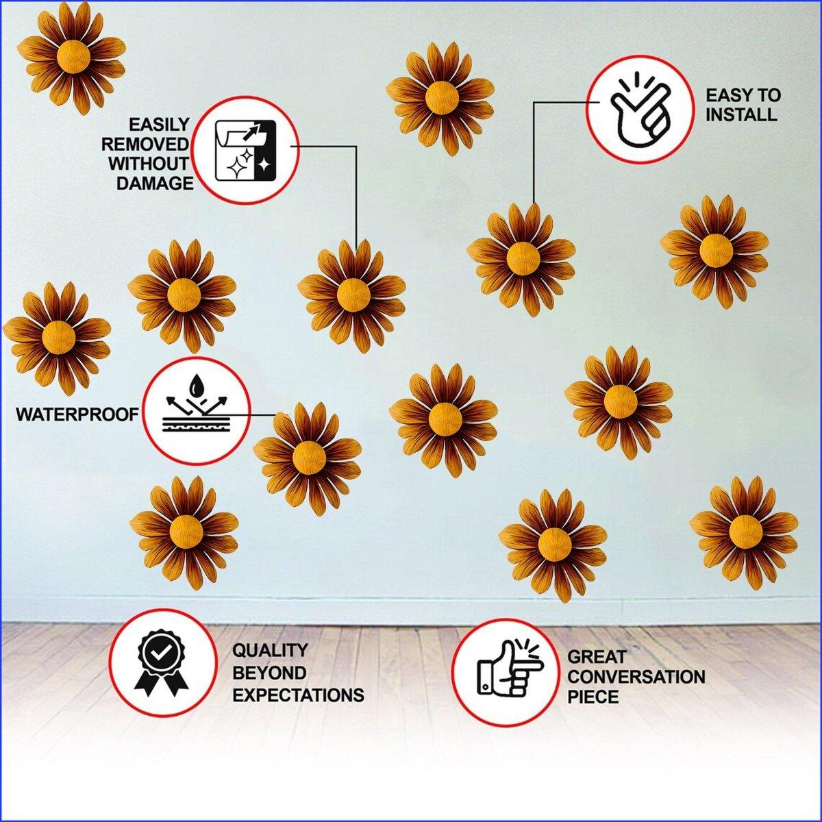 Boho Blossom Daisy Wall Stickers display, featuring easy installation, waterproof quality, and vibrant flower decals on a wall.