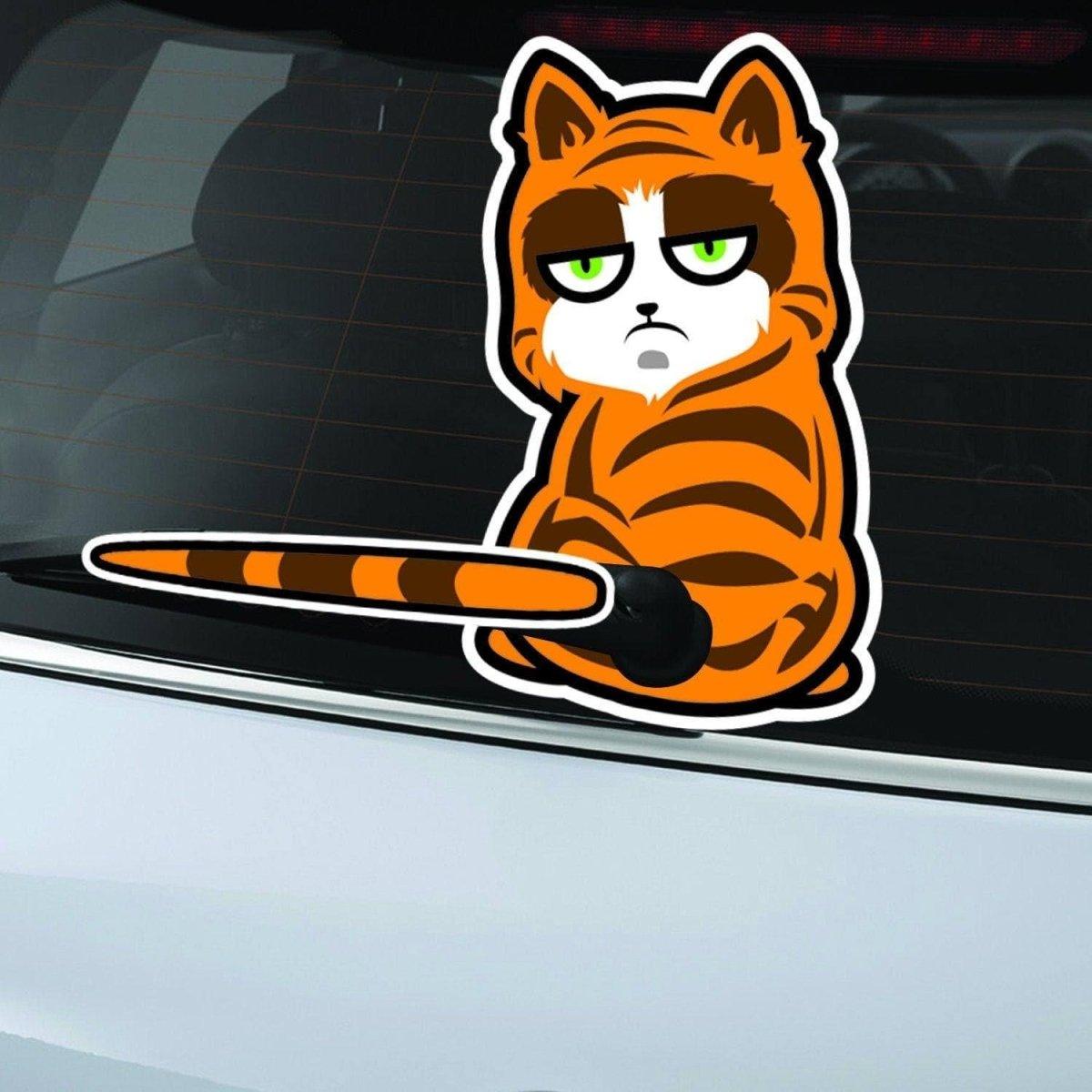 Cat-Tastic rear window car decal featuring a playful orange cat with a wiper sticker design for feline lovers.