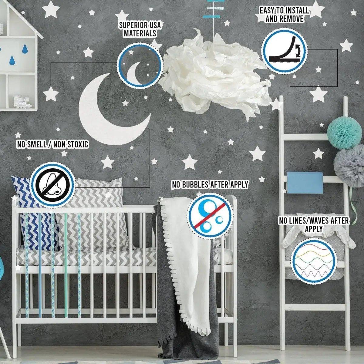 Celestial Dreams wall stickers in a nursery, featuring stars and moon decals, showcasing easy application and non-toxic materials.