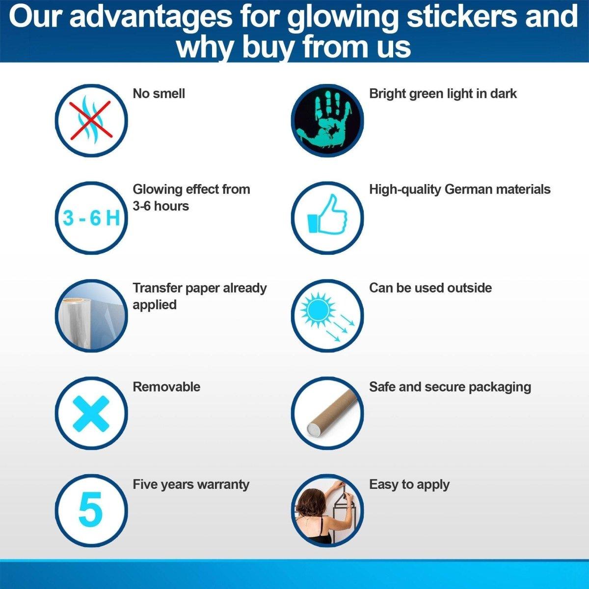 Infographic highlighting advantages of glowing stickers, including no smell, glowing effect, high-quality materials, and easy application.