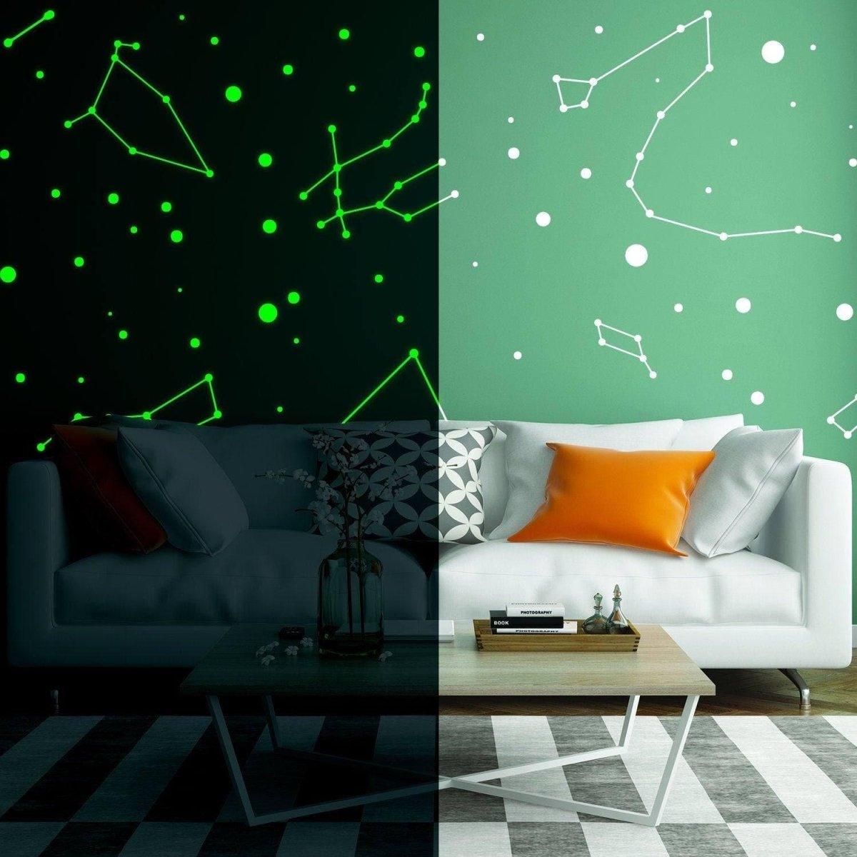 Celestial glow wall decals showcasing zodiac constellations in a child's room, with stars and designs enhancing the decor.