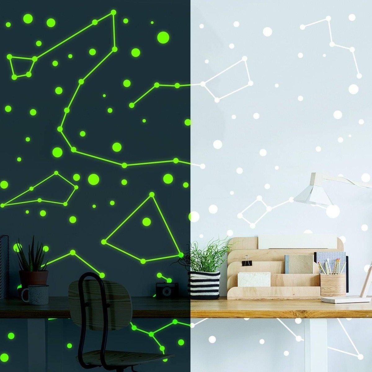 Glow in the dark zodiac star wall decals on a stylish home office wall, illuminating constellations and stars.
