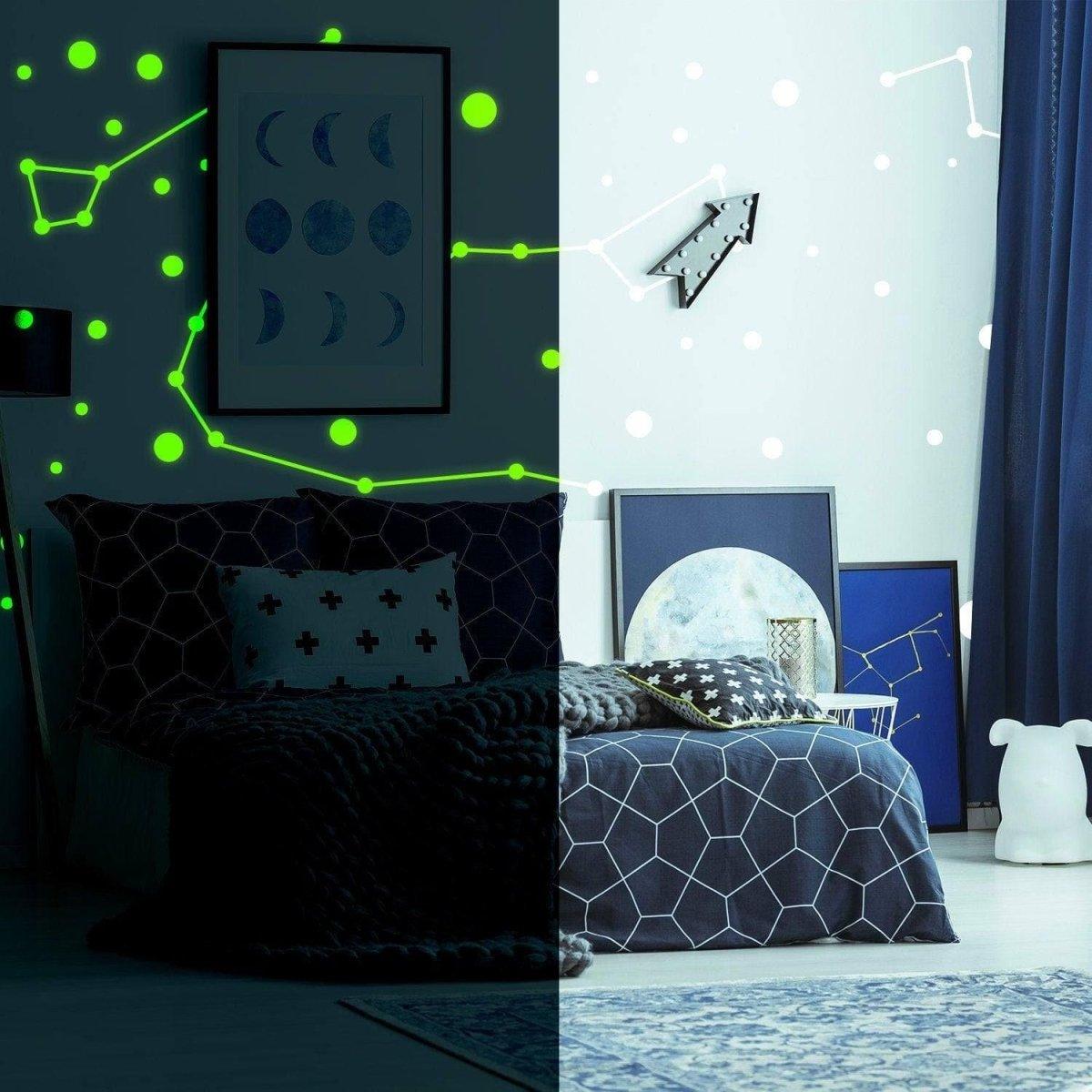 Celestial glow wall decals in a child's room, featuring zodiac constellations and a cozy bedding setup.