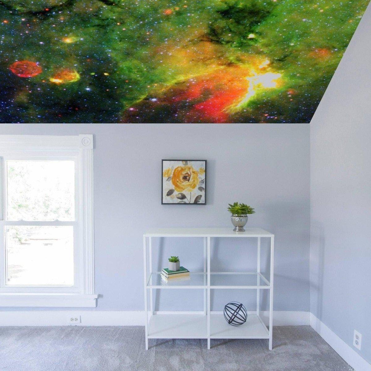 Majestic celestial vinyl ceiling decal creating a vibrant galaxy-themed room decor with colorful stars and cosmic details.