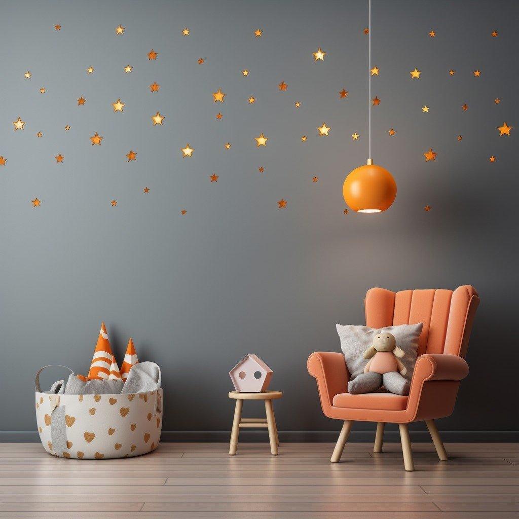 Cozy room featuring gold star wall stickers, orange chair, and playful decor, creating a whimsical celestial atmosphere.