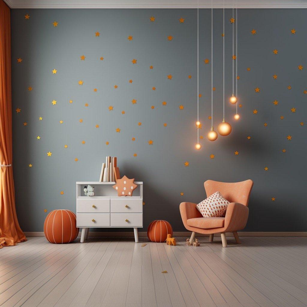Cozy living room featuring gold star wall stickers and modern decor, creating a celestial atmosphere.