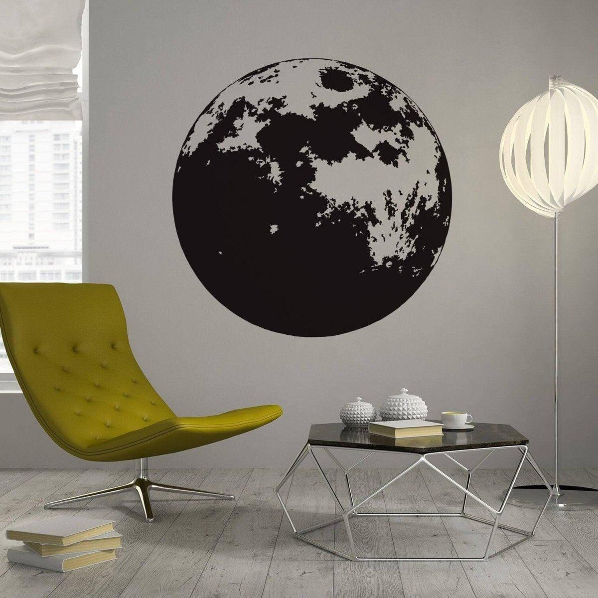 Moon phase wall decor decal in a modern room with a yellow chair and stylish coffee table.
