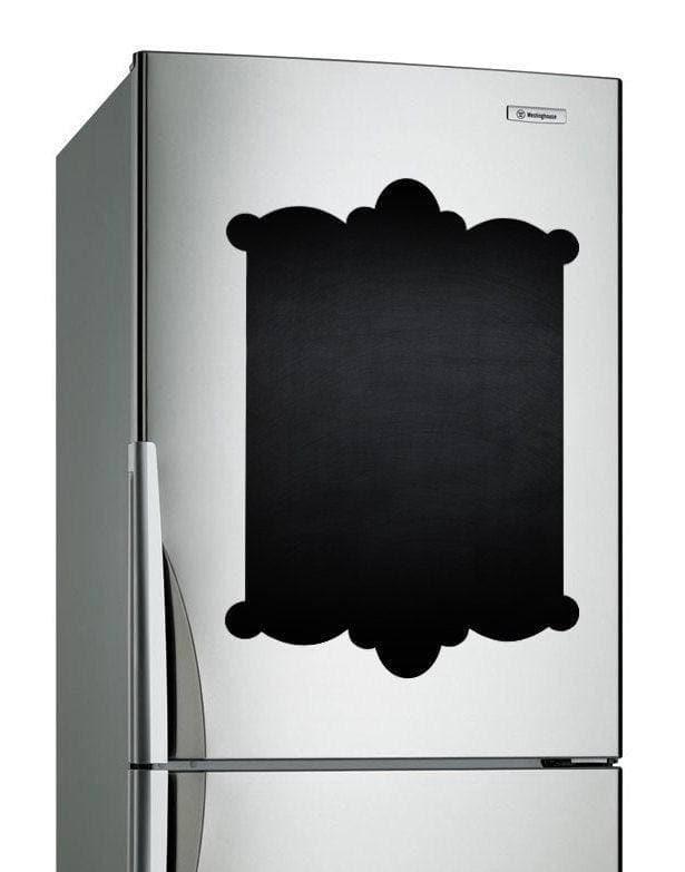 Magnetic chalkboard sticker on a stainless steel refrigerator for notes and creative designs.