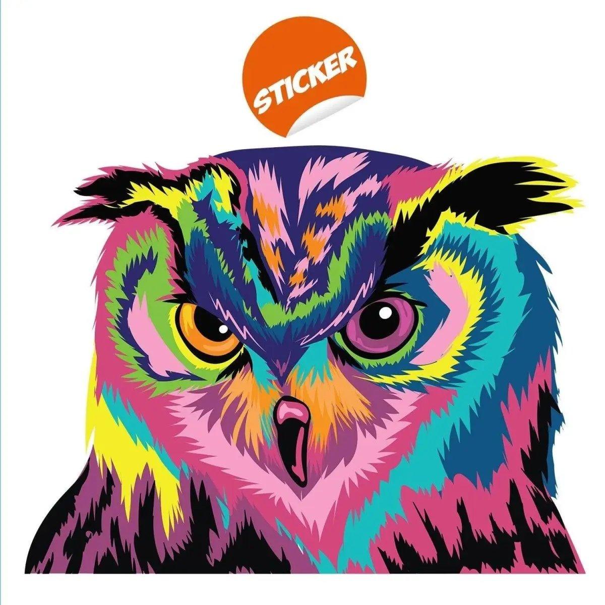 Colorful owl wall sticker, vibrant and charming decor for children's rooms or playful spaces.