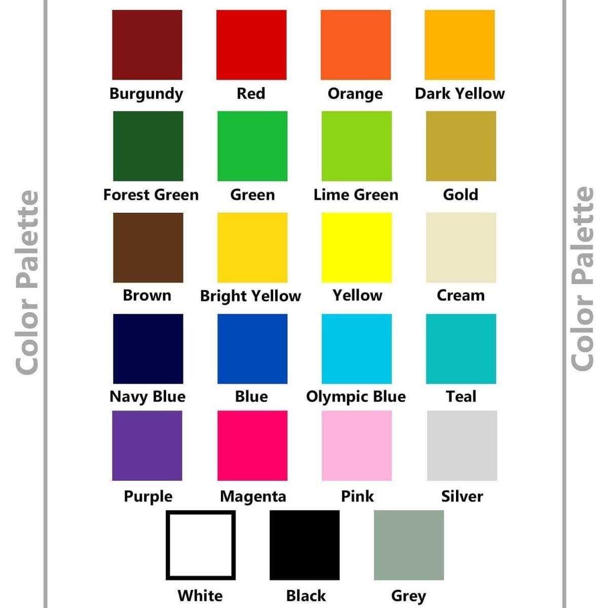Color palette featuring 24 options including burgundy, red, green, blue, and yellow for design choices.