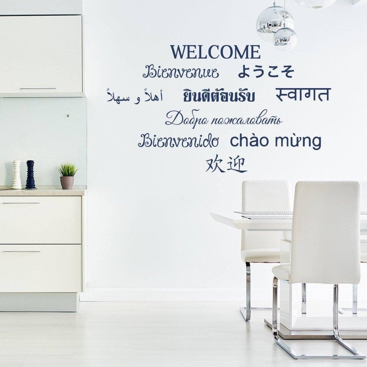 Vinyl wall decals displaying the word 'Welcome' in multiple languages, ideal for home decoration.