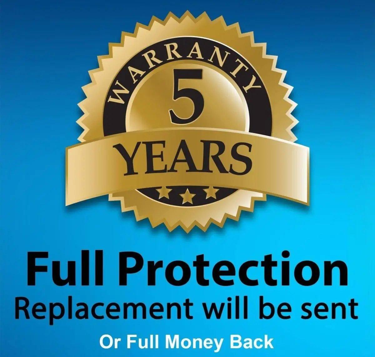 5-year warranty seal offering full protection with money-back guarantee.