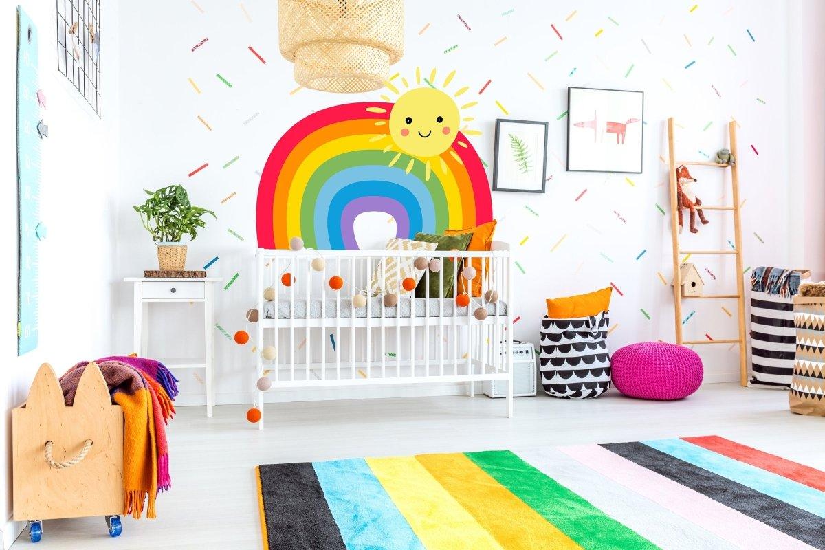 Colorful nursery with a vibrant rainbow wall decal, cheerful accessories, and a cozy crib, perfect for enhancing any child's room.