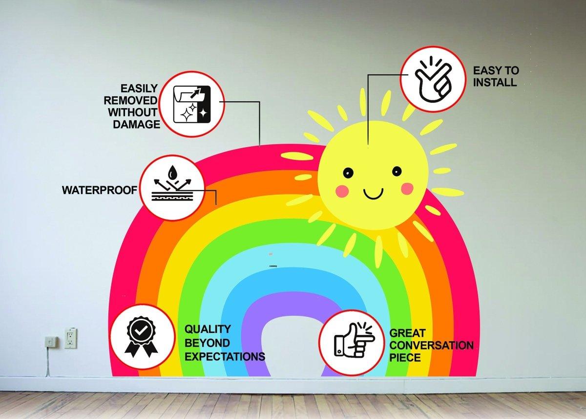 Colorful rainbow wall decal with sun and features like easy installation, waterproof, and removable design.