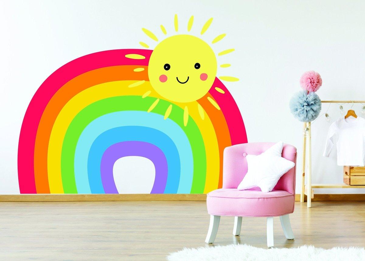 Vibrant rainbow wall decal with a smiling sun, perfect for enhancing children's bedrooms and nurseries.