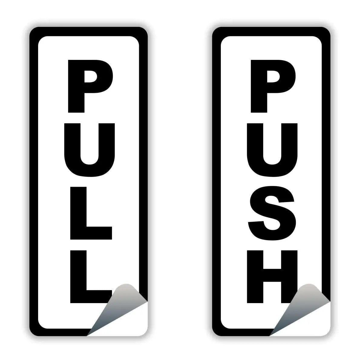 Vertical door stickers with 'PULL' and 'PUSH' guidance for easy entry in commercial spaces.