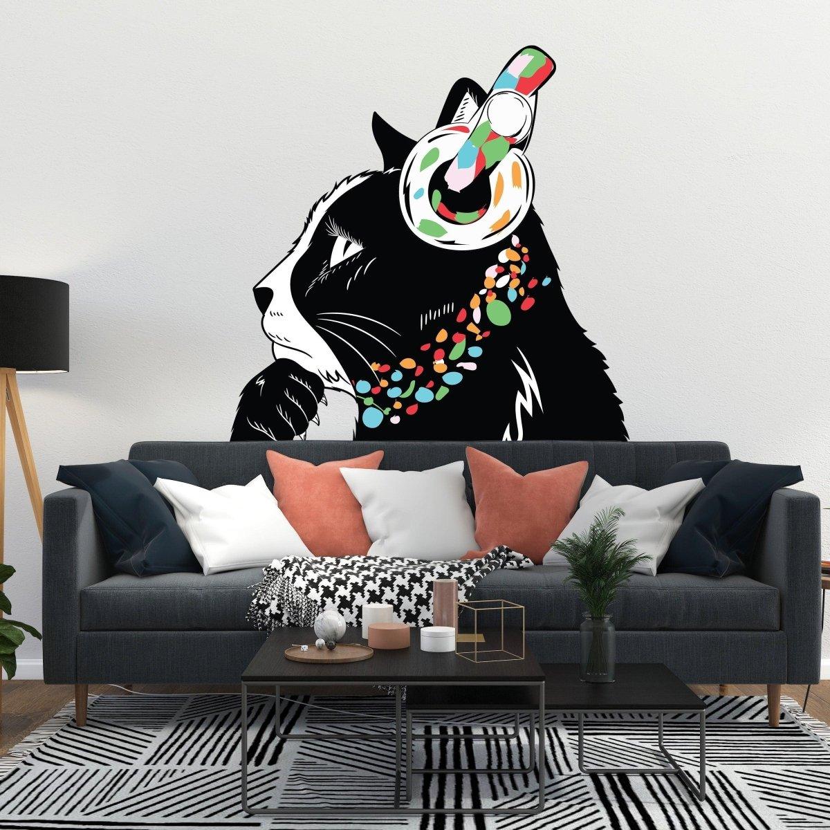 Feline wall sticker decal with headphones, adding urban art flair to a modern living room setup.