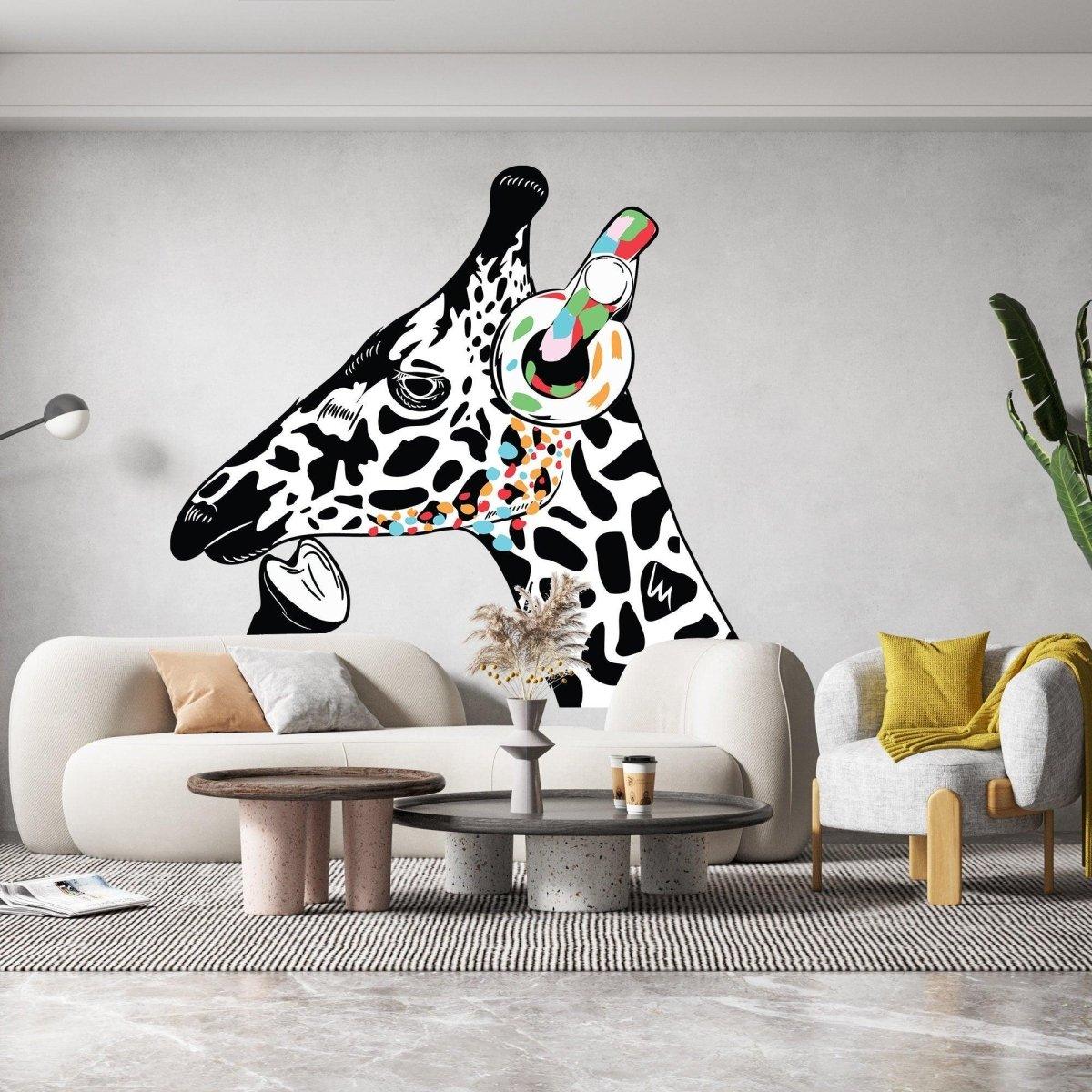 Contemplative giraffe wall sticker design featuring vibrant colors and headphones, perfect for children's decor.