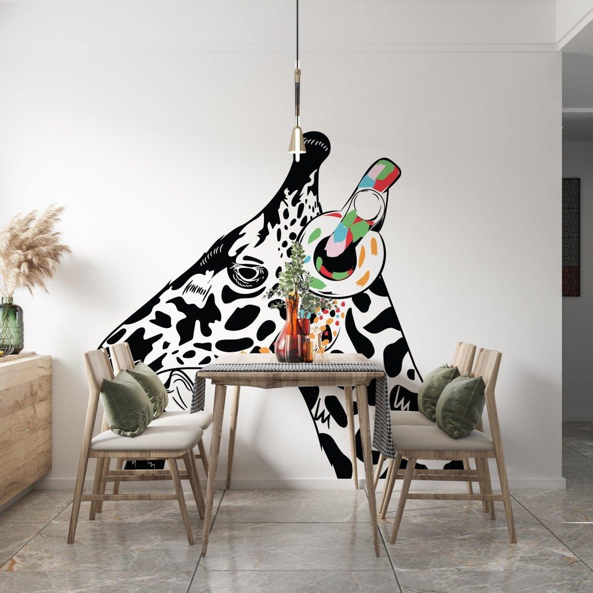 Colorful giraffe wall sticker art in a modern dining space, adding creativity to children's room decor.