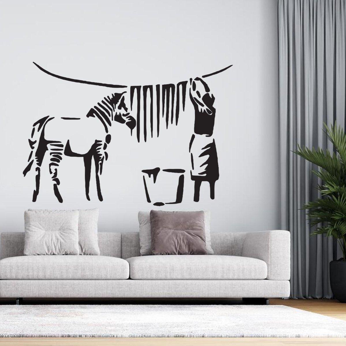 Urban graffiti wall decal featuring zebra stripes design in a modern laundry room setting.