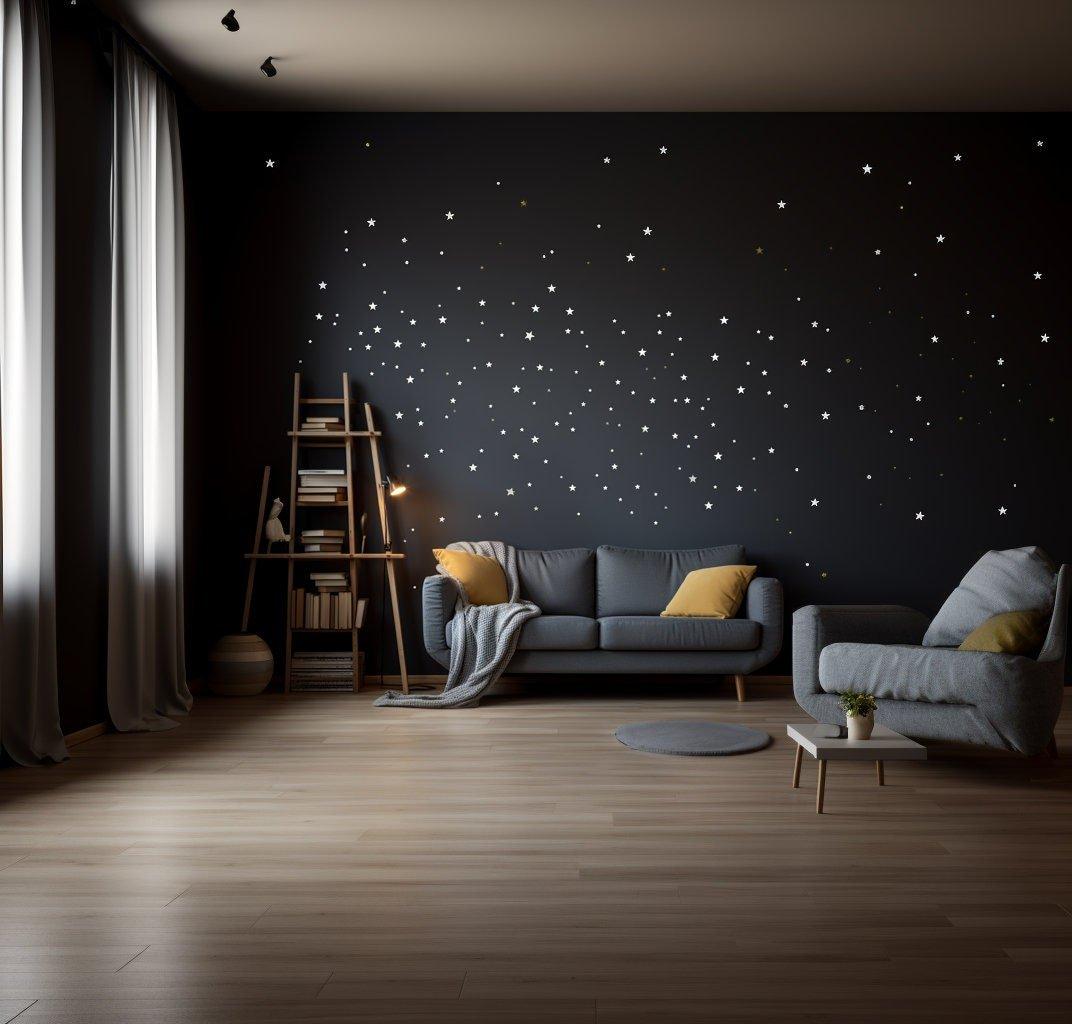 Cozy living room with Star Galaxy Wall Stickers creating a dreamy constellation effect on a dark wall.