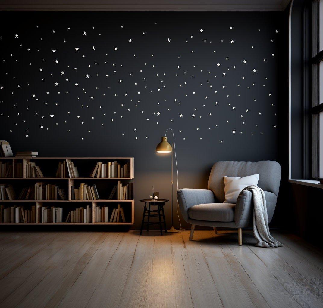 Cozy living room with black wall featuring white star wall stickers and stylish furniture, creating a serene atmosphere.