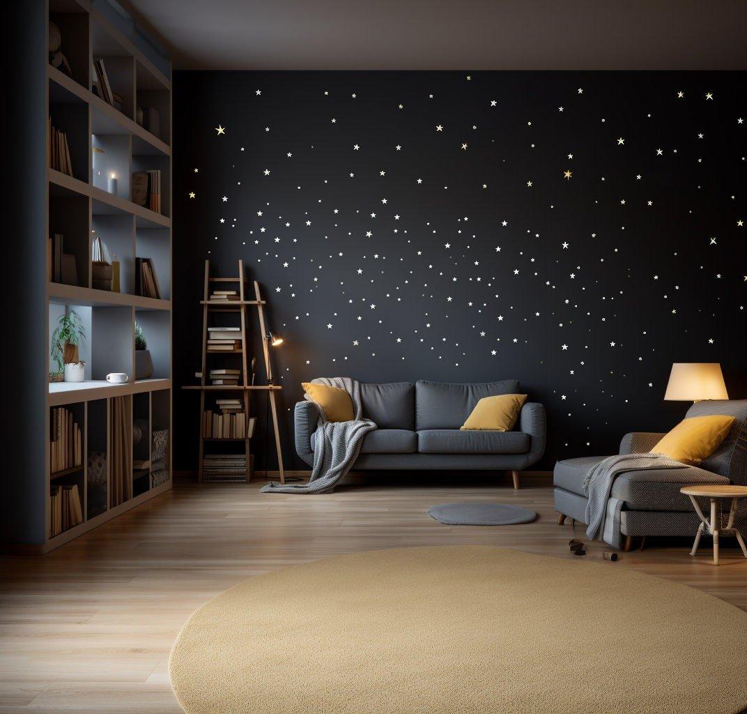 Cozy living room with black wall adorned with white star wall stickers, creating a tranquil cosmic atmosphere.