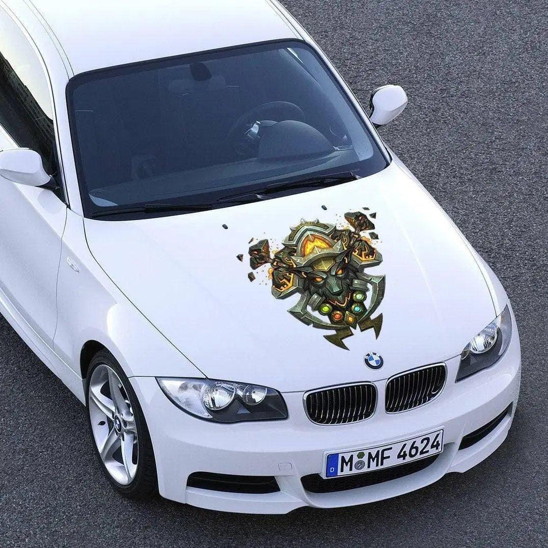 Custom car hood graphic wrap featuring a bold racing sport design on a white BMW.