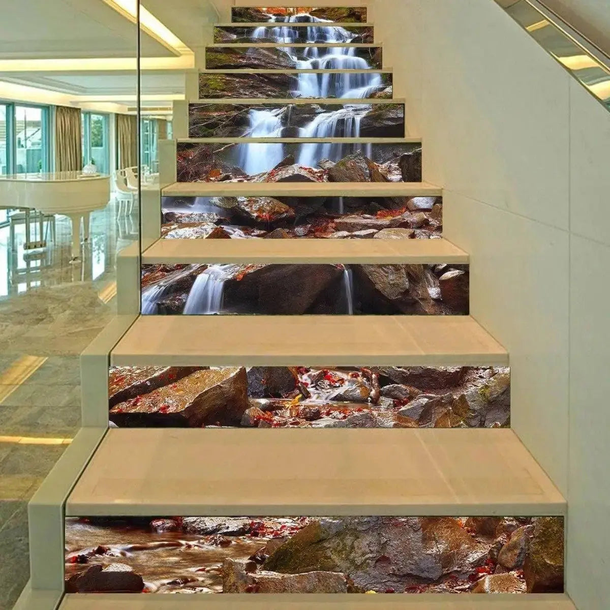 Custom fit stair riser decals featuring a serene waterfall design, enhancing home decor with style.