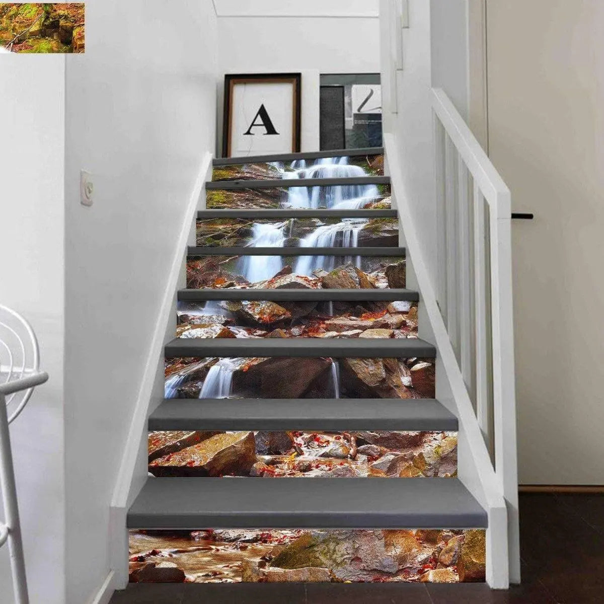 Custom fit stair riser decals featuring a scenic waterfall and rocks design, enhancing home decor.