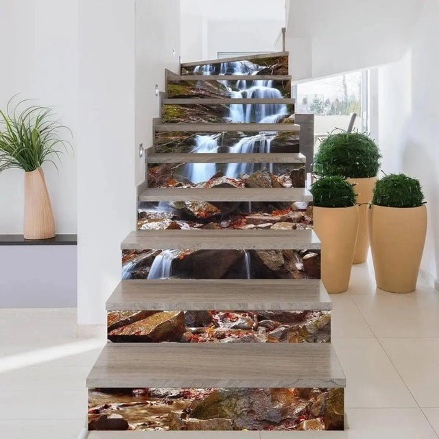 Custom fit stair riser decals featuring a serene waterfall design, enhancing stair aesthetics with style.