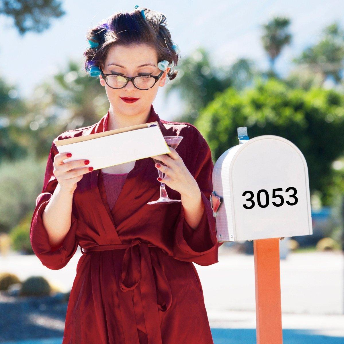 Woman in a red robe holding mail next to a mailbox displaying house number 3053, showcasing personalized mailbox decor.