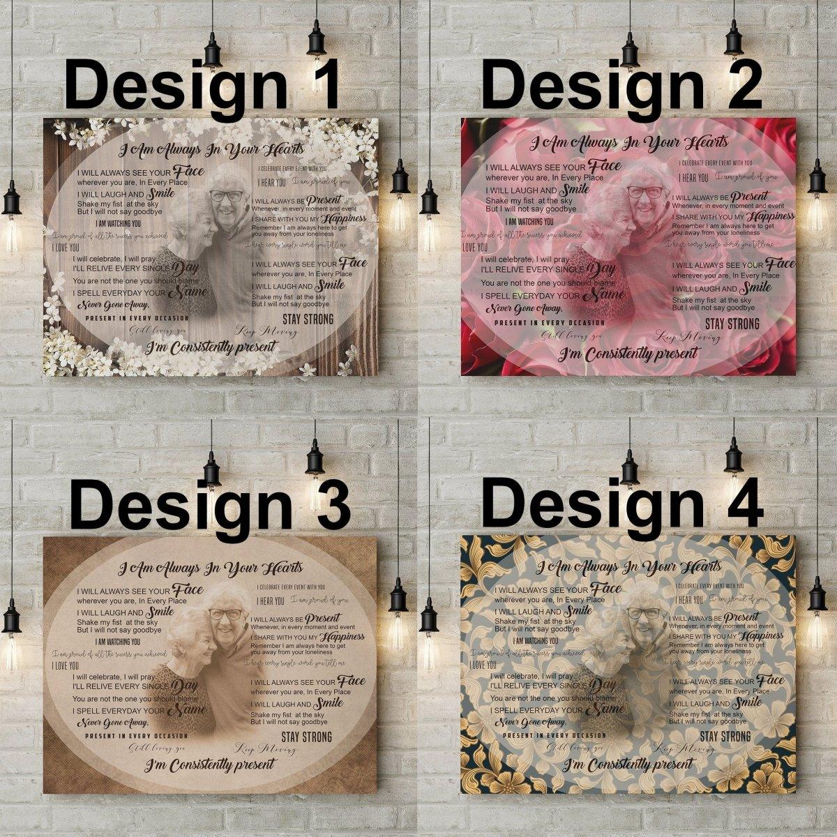 Four designs of personalized commemorative canvas artwork for honoring loved ones' memories