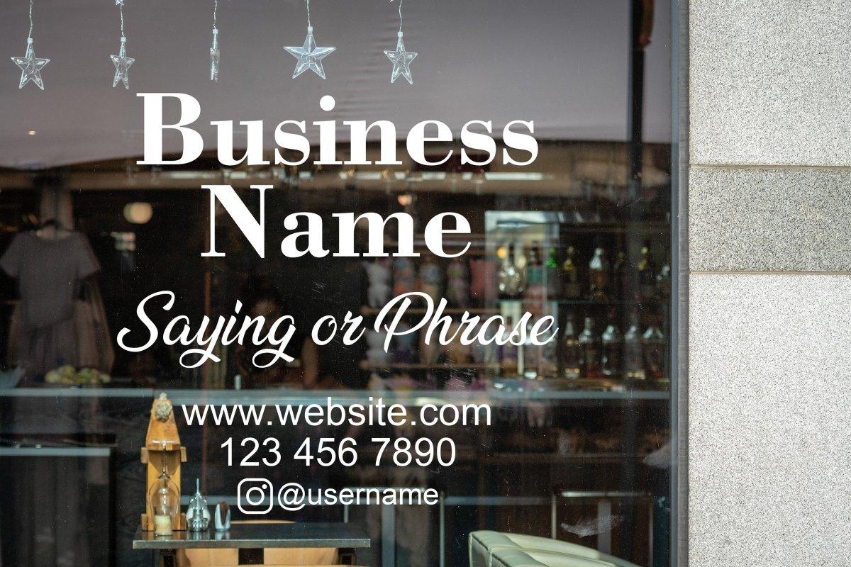 Customizable storefront window decal featuring business name and contact information for visibility.