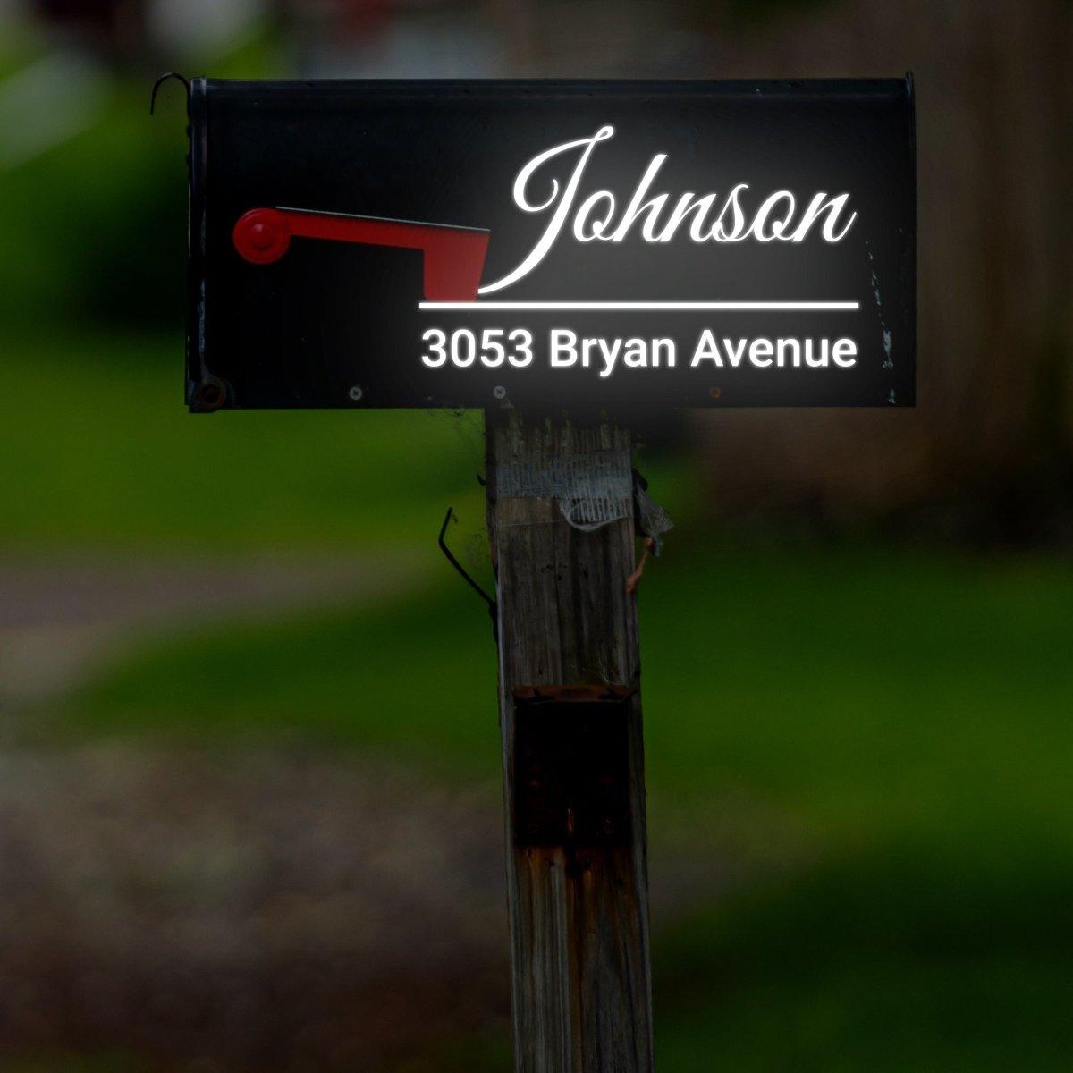 Personalized reflective mailbox decal displaying 'Johnson 3053 Bryan Avenue' for easy visibility at night.