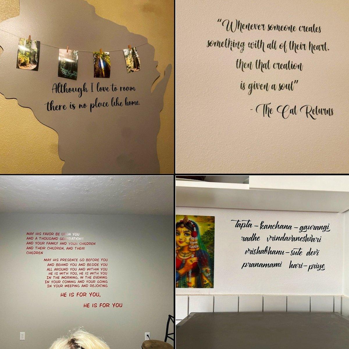 Collage of inspirational wall art and decals featuring scripture quotes and personalized messages for home decor.