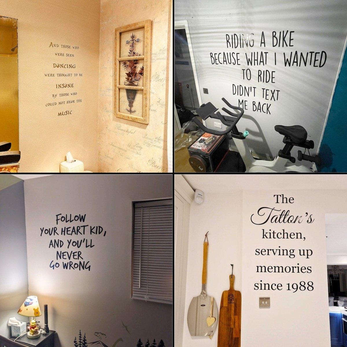 Collage of wall decals featuring inspirational quotes and personalized scripture for home decor.