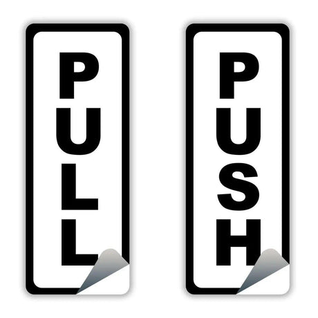 Adhesive doorway directional signage kit showing 'PULL' and 'PUSH' signs for easy navigation.