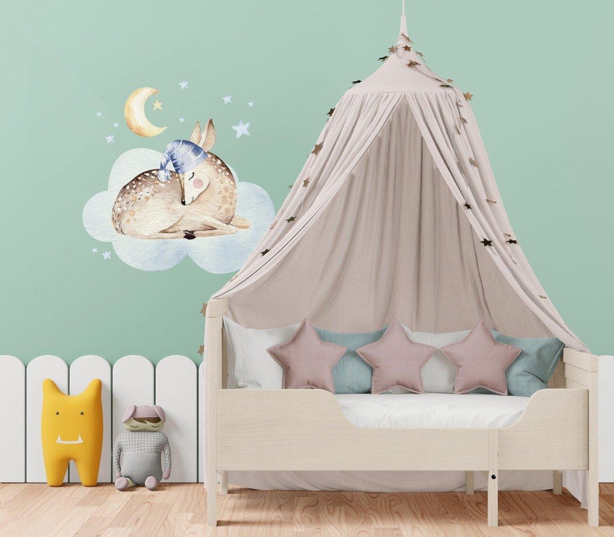 Dreamy cloud wall sticker with adorable animal and moon in a child’s cozy nursery.