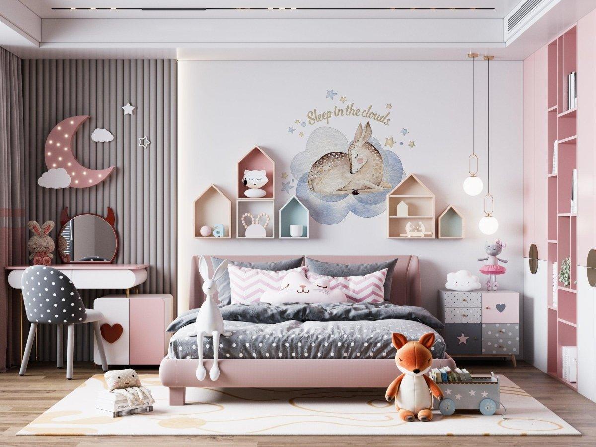 Charming children's bedroom with dreamy cloud wall stickers and adorable animal decor.
