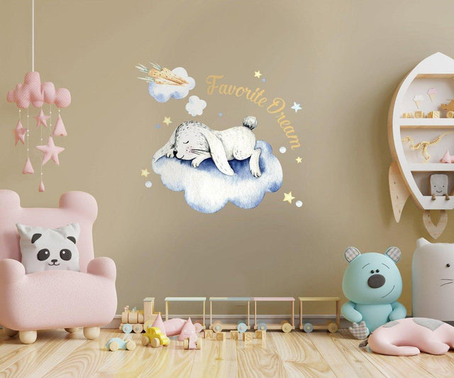 Adorable rabbit wall sticker on a cloud, perfect nursery decor for children's rooms.
