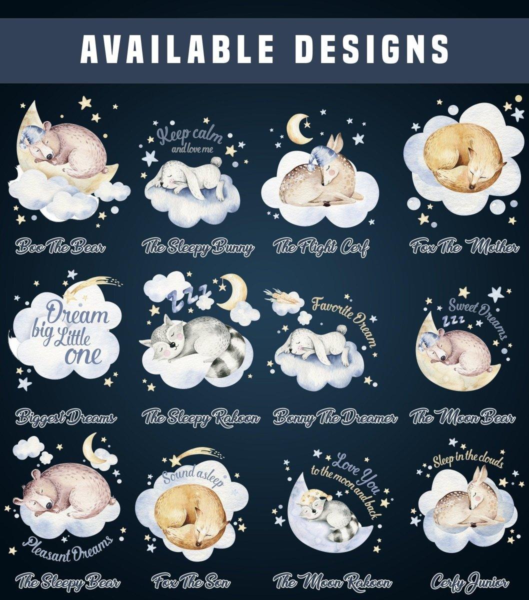 Selection of adorable animal wall sticker designs featuring clouds, moons, and cute phrases for children's rooms.