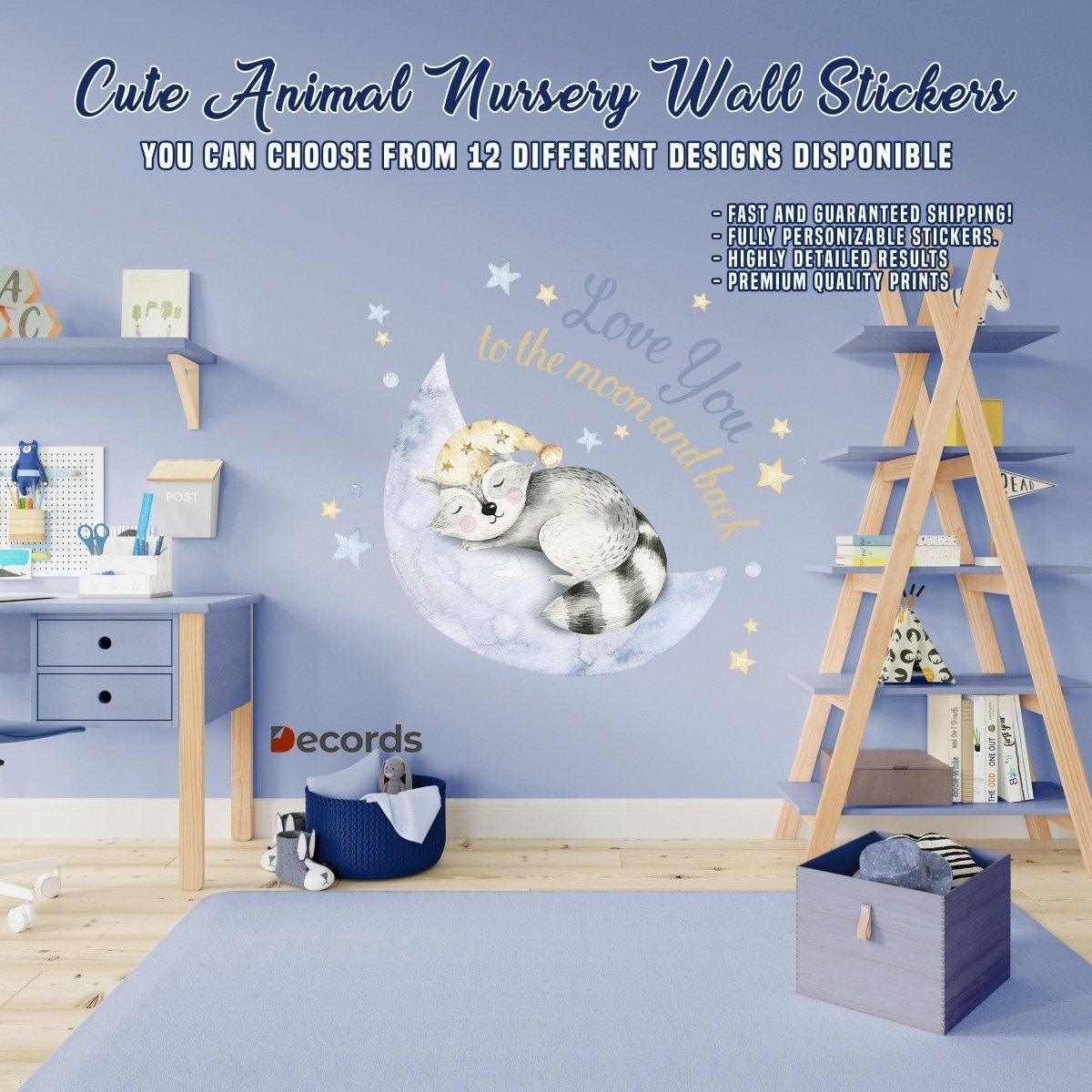 Cute animal nursery wall stickers in a blue room, featuring a moon and whimsical designs for kids' decor.