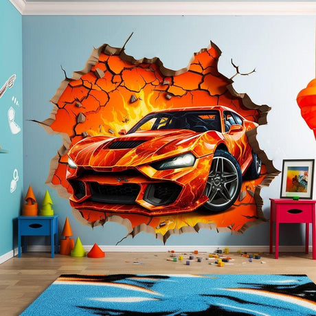 3D speed racer wall decal of a fiery sports car bursting through a cracked wall, perfect for kids' bedroom decoration.