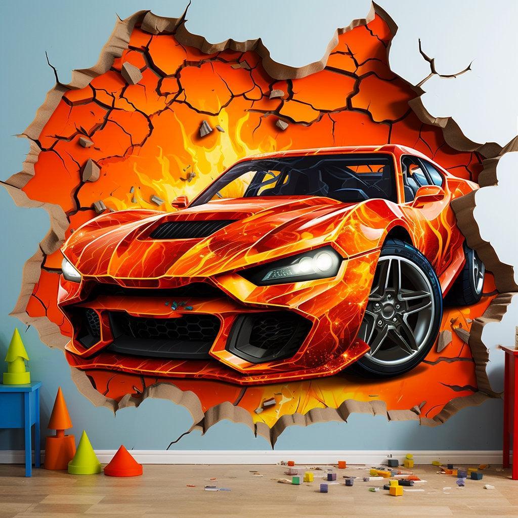 3D speed racer wall decal featuring a vibrant, fiery sports car bursting through a wall in a child's bedroom.