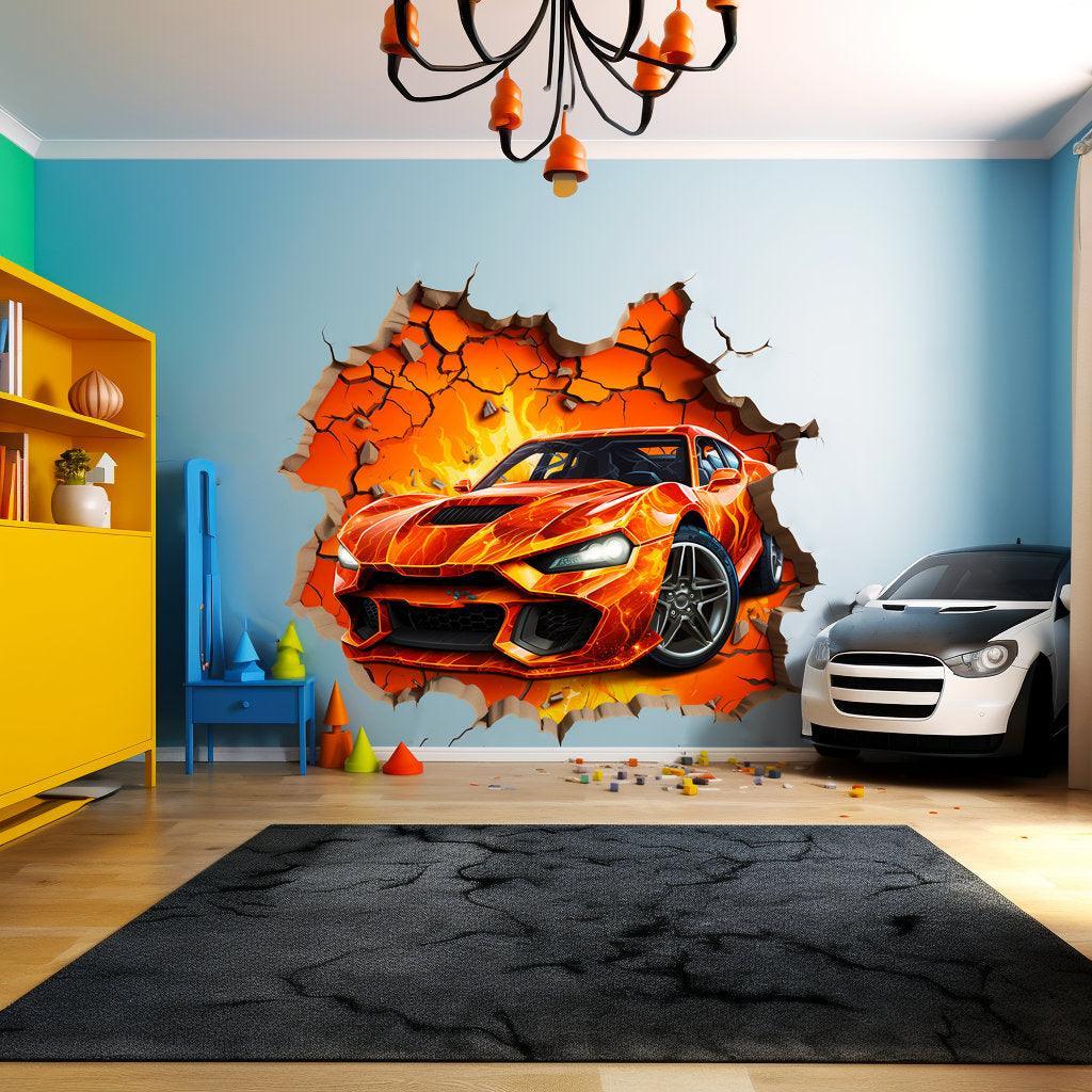 3D Speed Racer wall decal featuring a vibrant fire car breaking through the wall in a child's bedroom decor.