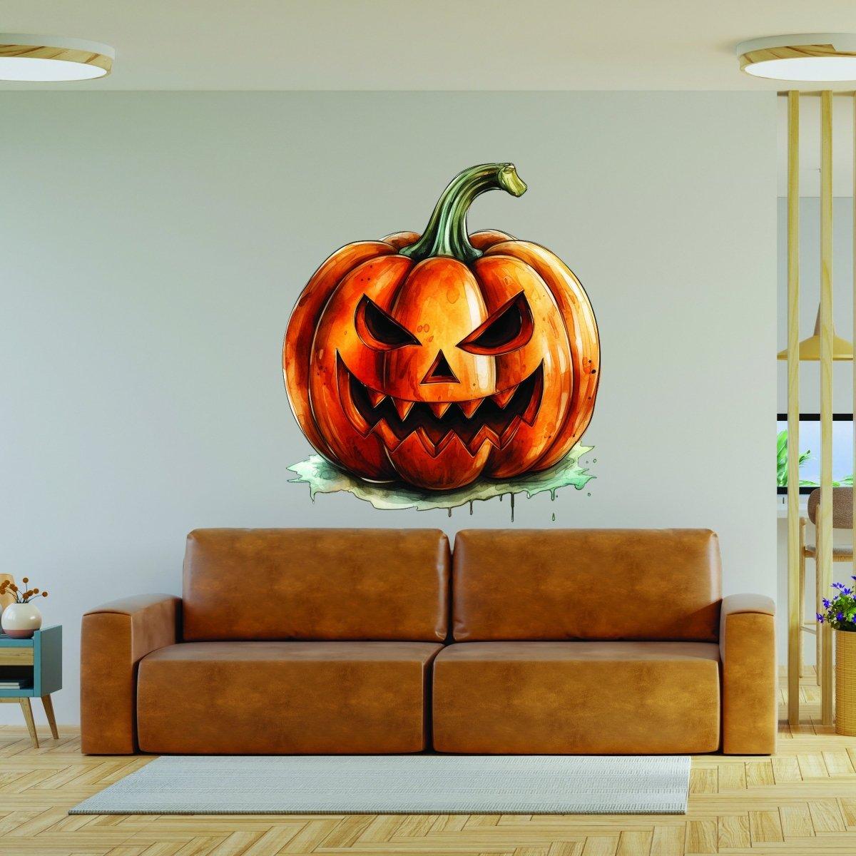 Creepy smiling Jack-o-Lantern wall sticker above a cozy brown couch, perfect for Halloween decor.