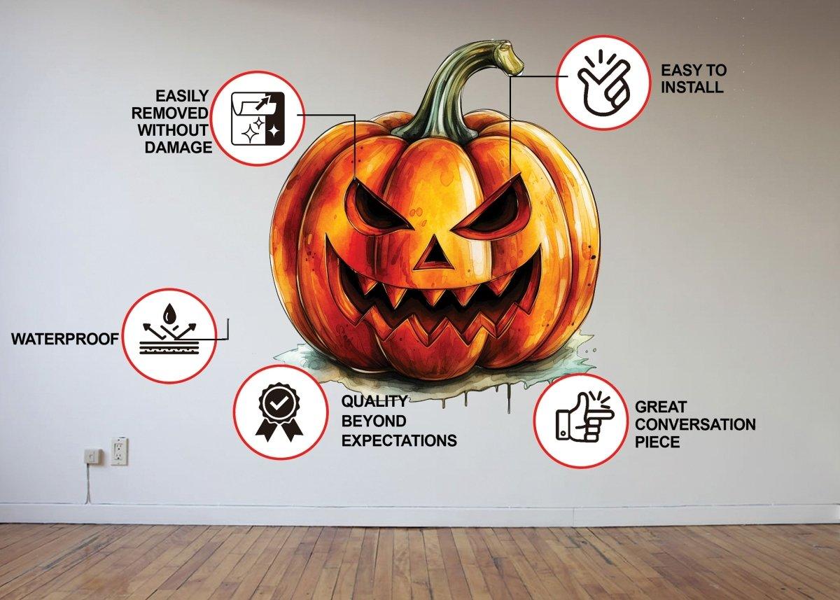 Halloween pumpkin wall sticker featuring a creepy jack-o-lantern with installation and quality benefits highlighted.