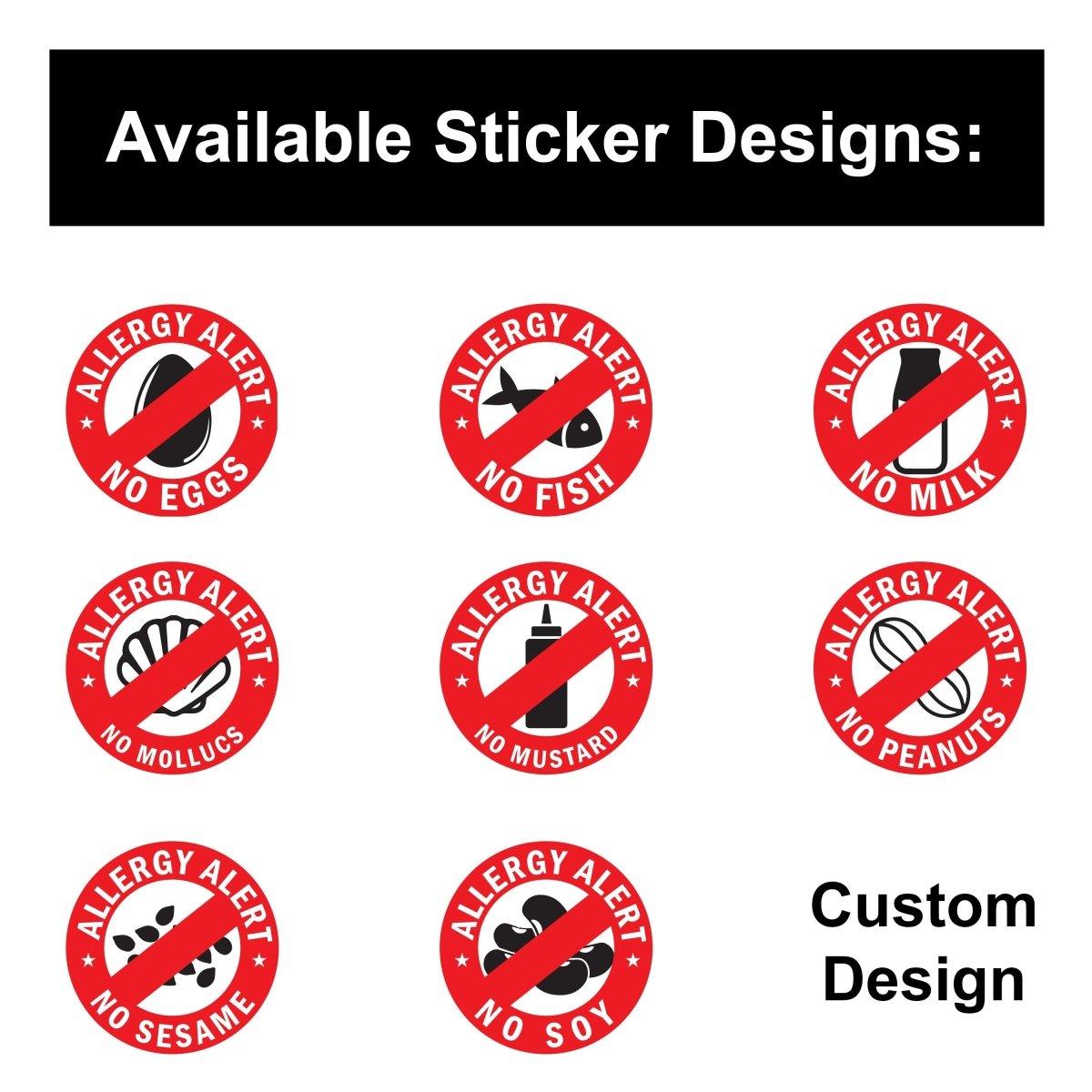 Available allergy alert sticker designs, including no eggs, fish, milk, peanuts, and more for safety awareness.