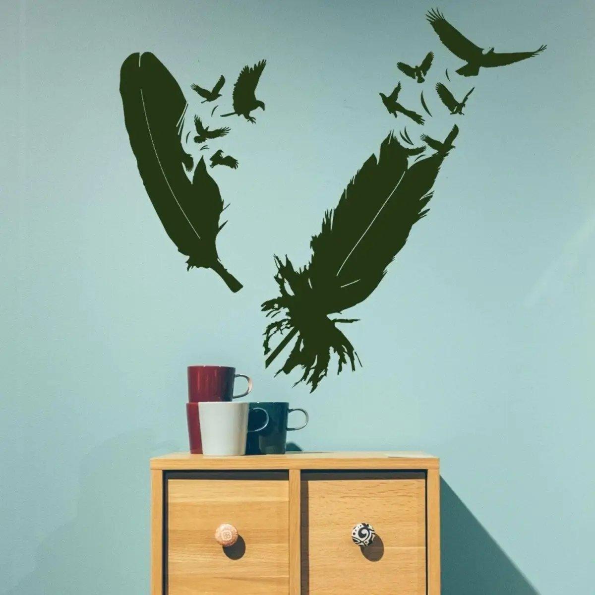 Stylish bird feather wall sticker design with birds in flight, perfect for modern home decor.